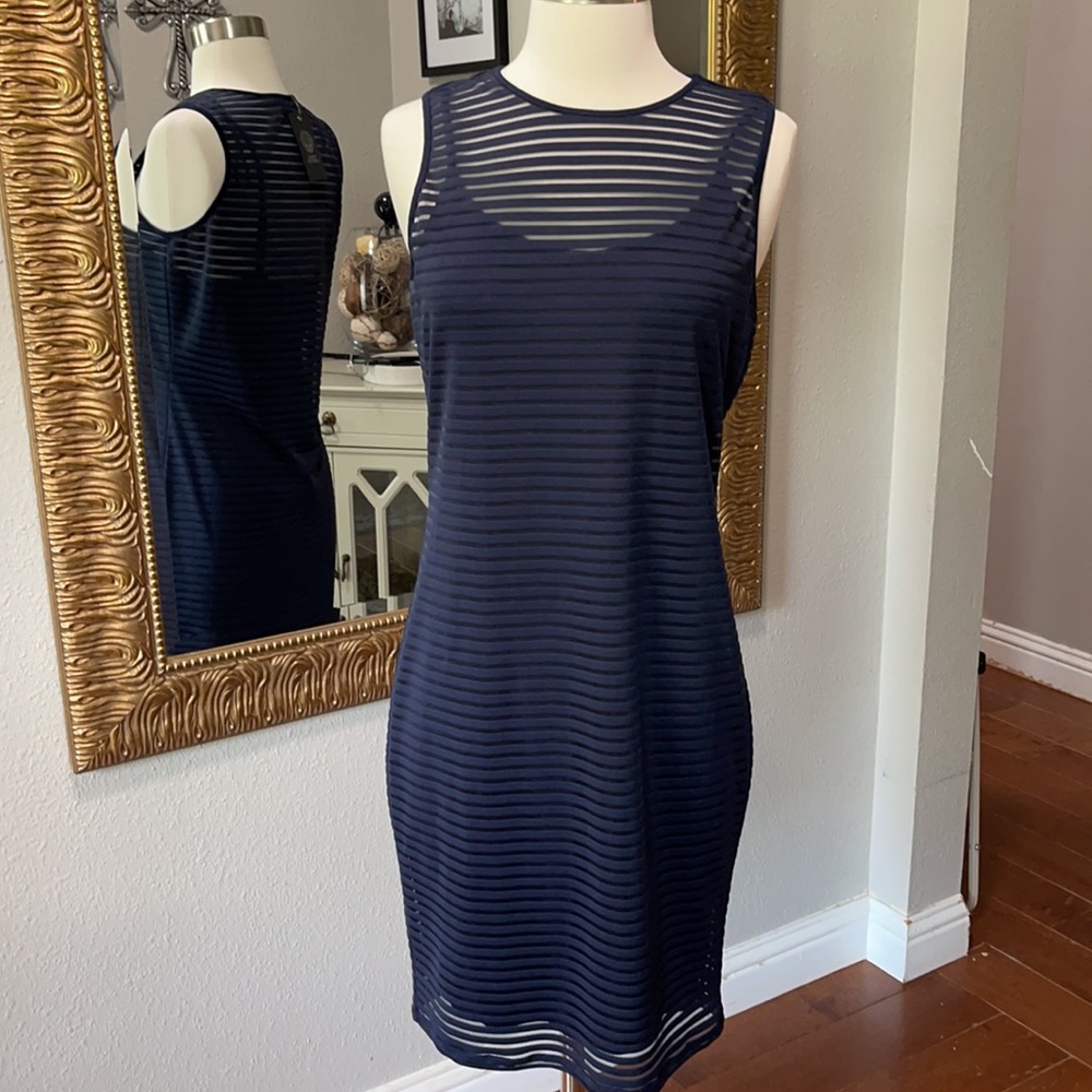 Vince Camuto Navy Striped Sheer Panel Sleeveless Dress